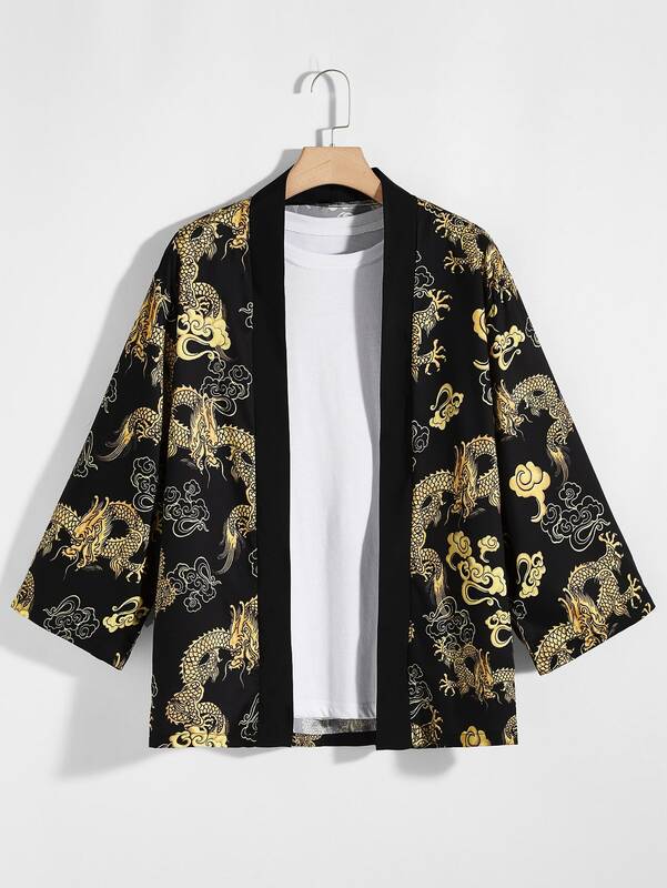 Kimono Jepang pria, kardigan Haori pakaian Jepang cetak naga longgar lengan panjang nyaman Yukata