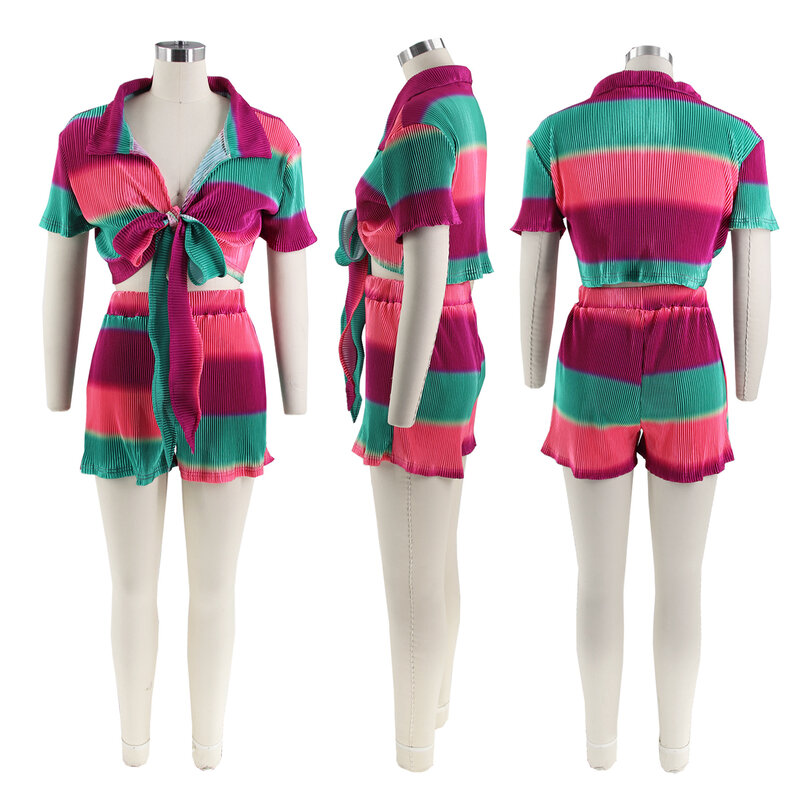 2023 sexy V-Ausschnitt Schnür Crop Top Shorts Streetwear Outfits Y2k Gradient Striped Print Plissee kurze Sommer Outfits für Frauen