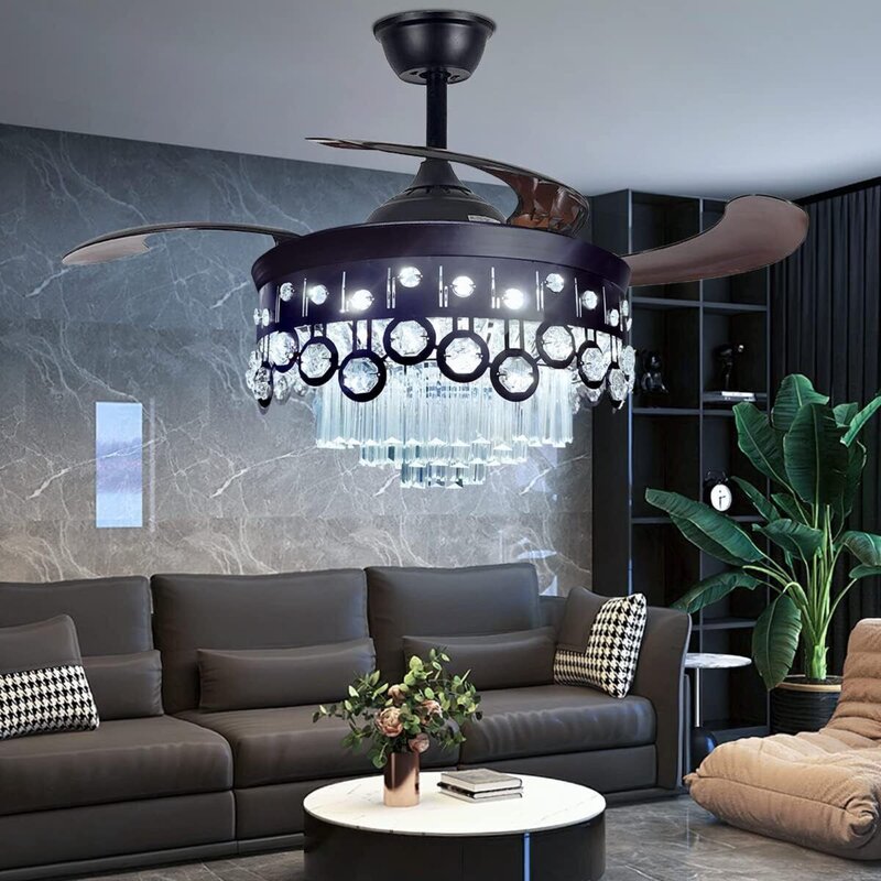 Lampu LED kipas plafon 42 ", lampu LED Speaker musik Bluetooth, dekorasi rumah Remote kipas langit-langit Modern kristal 7 warna