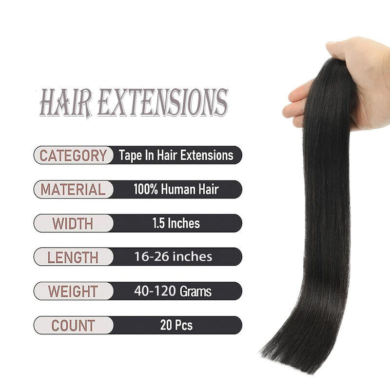 Extensões reais naturais retas do cabelo humano para mulheres, cabelo sem emenda preto, fita-no cabelo, 16-26in, # 1B