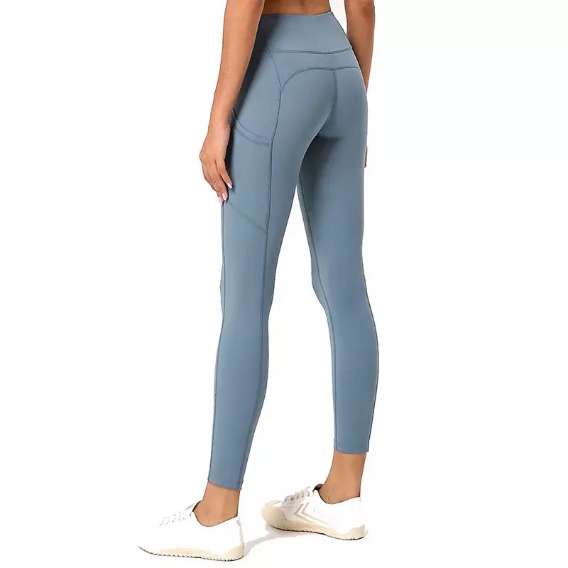 Pantalones de Yoga desnudos para mujer, Capris ajustados de cintura alta, pantalones de Fitness con bolsillo