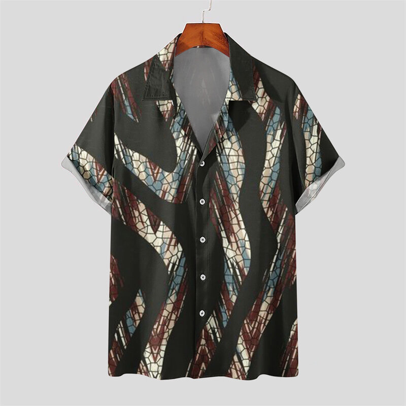 Mode Heren Zomer Retro Shirt Met Korte Mouwen Casual Revers Multi-Color Shirt Met Digitale Print