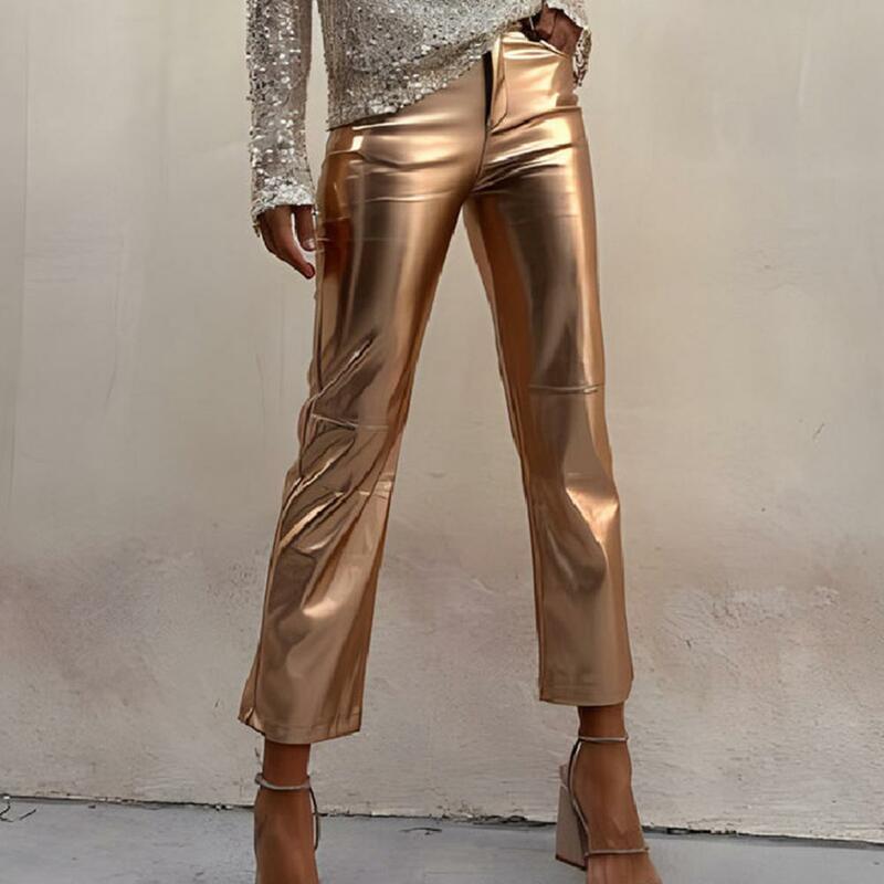 Women Pants Slim Fit Glossy Faux Leather Pockets Mid Waist Zipper Button Closure Soft Breathable Club Party Lady Ninth Pants