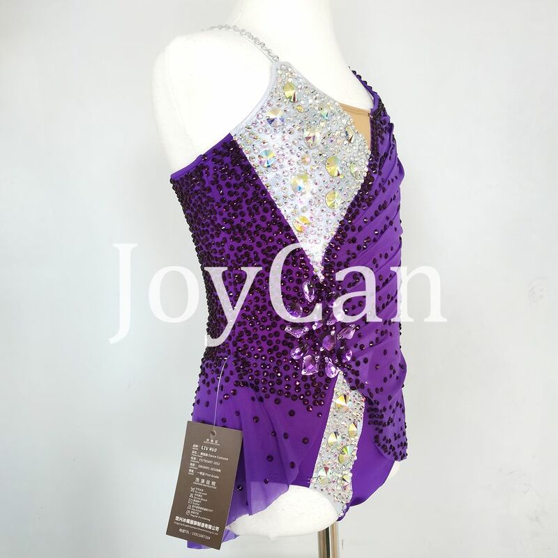 JoyCan Rhthmic senam Leotards anak perempuan wanita, pakaian dansa elegan spandeks ungu untuk kompetisi