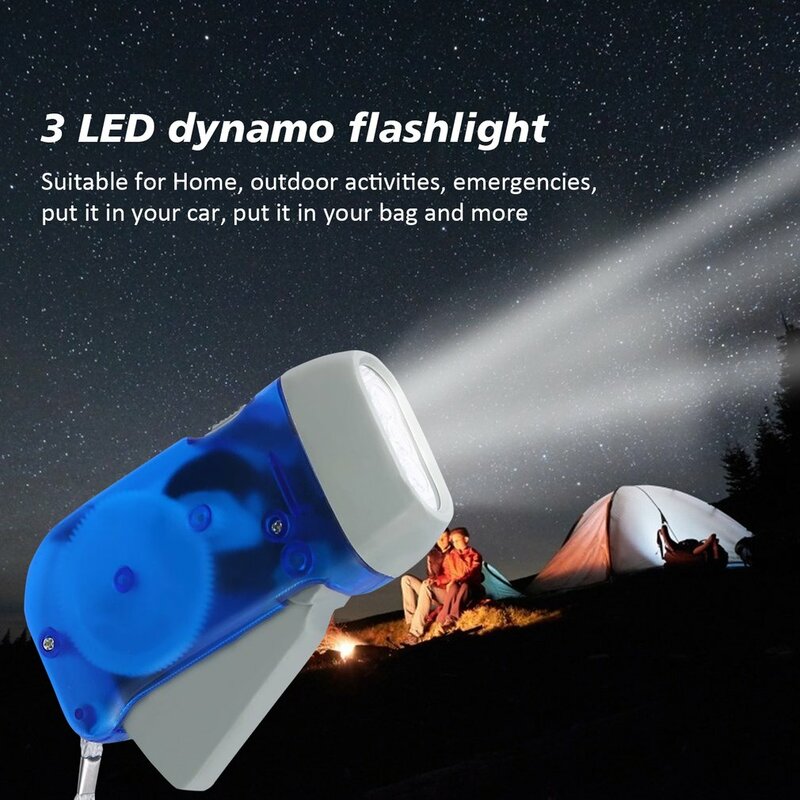Mão Pressionando Dynamo Crank Lanterna, Wind Up Torch Light, Imprensa Mão, Camping Lâmpada, Equipamento de iluminação ao ar livre, 3 LED