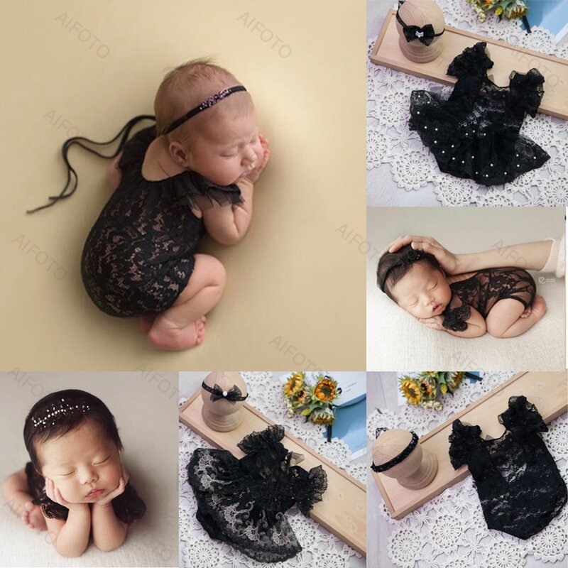 Newborn Photography Props Girl Dresses Black Lace Headband Set Outfits Bodysuits Romper For Baby Photo Shoot Studio Accessories