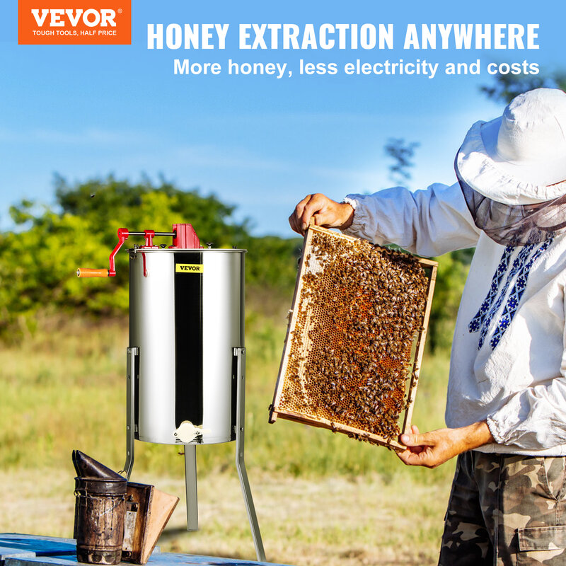 VEVOR ekstraktor madu Manual, 3 bingkai ekstraktor pemintal madu, ekstraksi perlebahan baja tahan karat, pemutar Drum sarang lebah dengan tutup