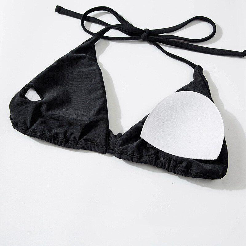 Microbikini con relleno triangular para mujer, traje de baño brasileño de dos piezas con Tanga, color negro, ropa de playa para verano, 2024