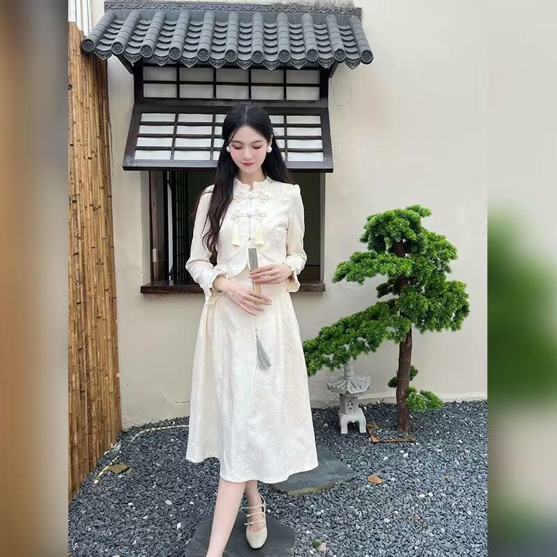 Spring Summer New Chinese Style Women Improved Hanfu Lady Elegant Long Sleeved Button Top  High Waisted Skirt Cheongsam Set