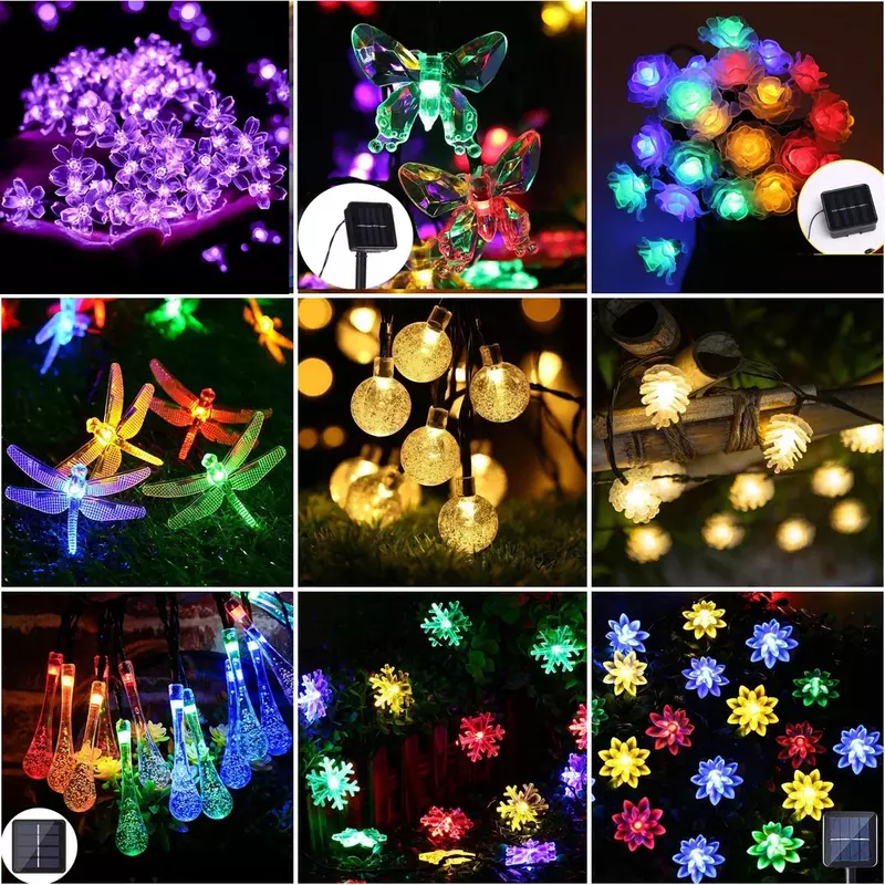 Lampu LED tenaga surya 100 LED 12M, lampu tenaga surya, lampu LED bunga bola kristal, dekorasi Natal luar ruangan
