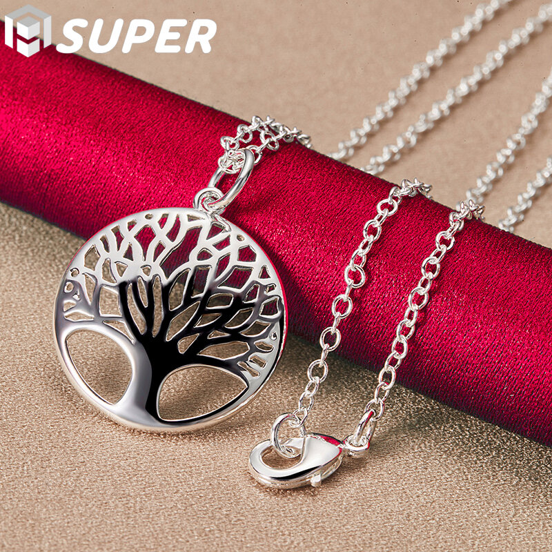 925 Sterling Silver 16-30 Polegada Chain Tree Round Pendant Necklace For Woman Fashion Wedding Engagement Charm Jewelry