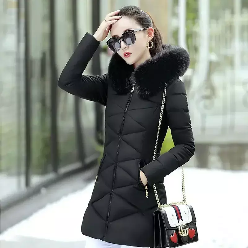 여성용 모피 칼라 후드 파카, 슬림 코튼 재킷, 한국 지퍼, 따뜻한 중간 길이 퀼트 아우터, 신상 겨울 코트