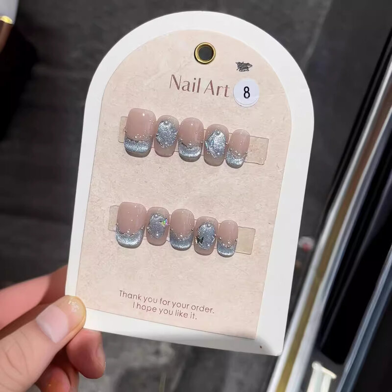 10Pcs Short Handmade Cat‘s Eye Press on Nails Ballet Full Cover French Design Coffin Cute Fake Nail Manicure Wearable Nail Tips
