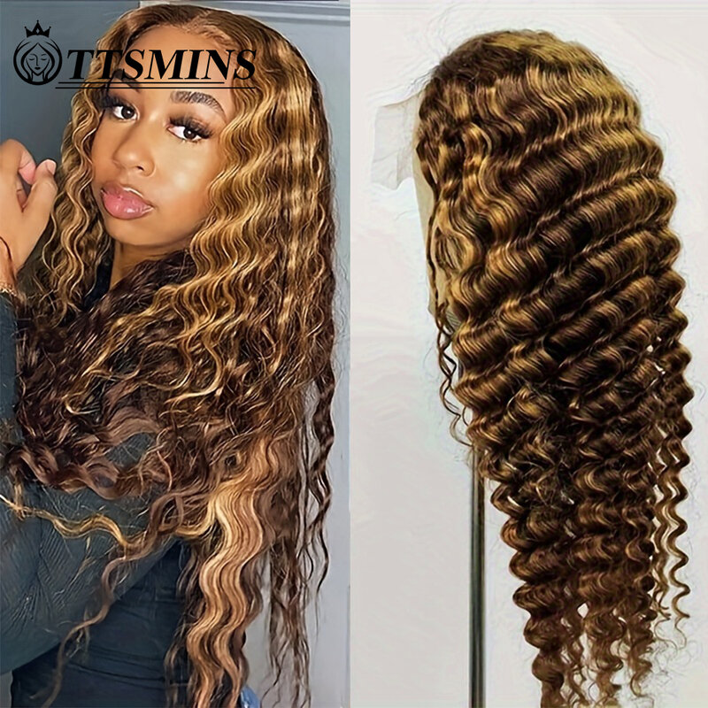 4/27 Honey Blonde Highlighted Lace Frontal Wig For Women Deep Wave 5*5 Lace Closure Wigs Glueless Human Hair13*4 Curly Hair 180%