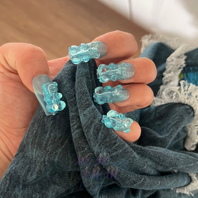 Uñas postizas hechas a mano y2k, uñas postizas decorativas de oso de gelatina 3D, cubierta completa, usable, puntas de arte, azul hielo, 10 piezas