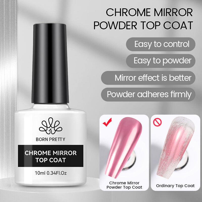 BORN PRETTY 10ml CHROME-MIRROR TOP COAT Transparent Nail Gel Crystal Bright Safe and NON-TOXIC Soak Off UV LED Functional Gel
