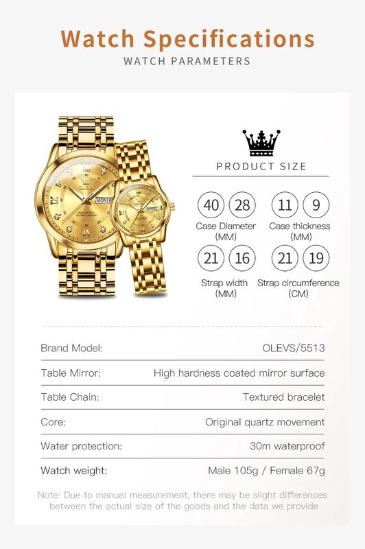 Olevs 5513 Paar Horloge Luxe Rvs Kalender Waterdichte Quartz Polshorloge Mannen Vrouwen Mode Liefhebbers Horloge Geschenkdoos Set