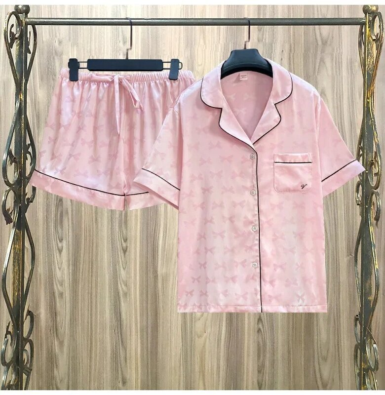 女性用シルクパジャマ,ツーピースセット,ショート,ピンクのストライプ,スマート,ソフト