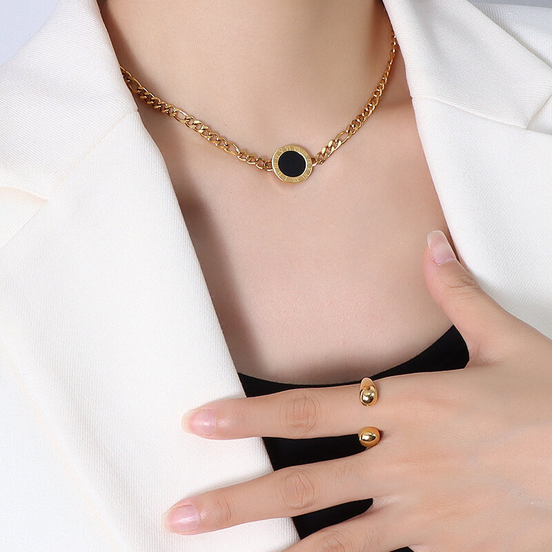 Acryl Schwarz Shell Römische Ziffer Halskette Europäischen und Amerikanischen Einfache Stil Edelstahl Schlüsselbein Kette Damen Zubehör