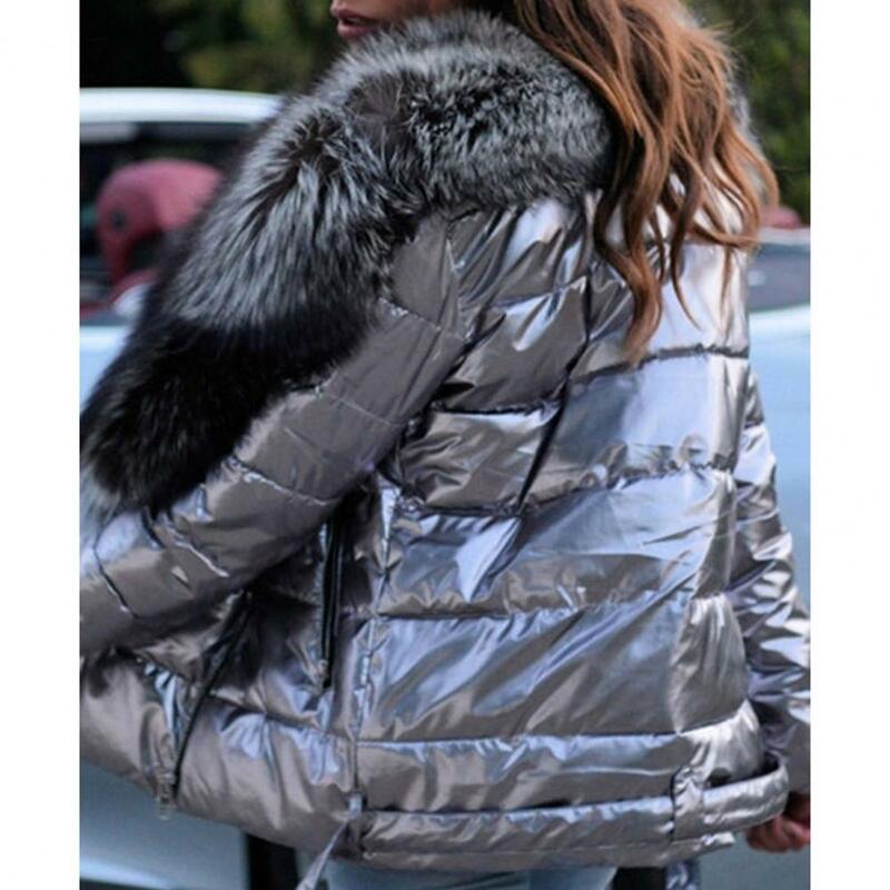 Great Puffer Jacket  Zipper Closure Pure Color Casual Overcoat  Faux Fur Collar Lady Puffer Cotton Coat