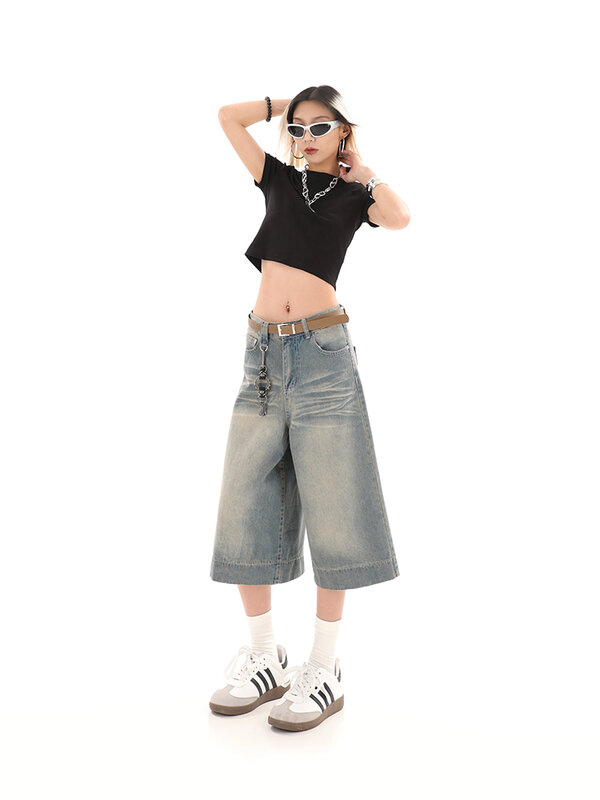 Y2k Baggy Retro Shorts Jeans For Women American Streetwear Casual Wide Leg Shorts Loose Trousers Cropped Jeans