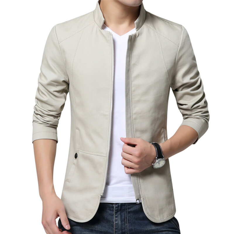 Jaqueta de colarinho slim fit cor sólida masculina, casacos formais com zíper, jaquetas de negócios, roupas masculinas, tops da moda