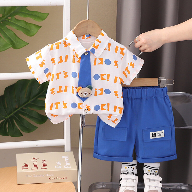 Conjunto de camisas e shorts de manga curta para bebês, roupa de verão, estilo coreano, gola virada para baixo, fofo, roupas boutique, ocidental, 2024