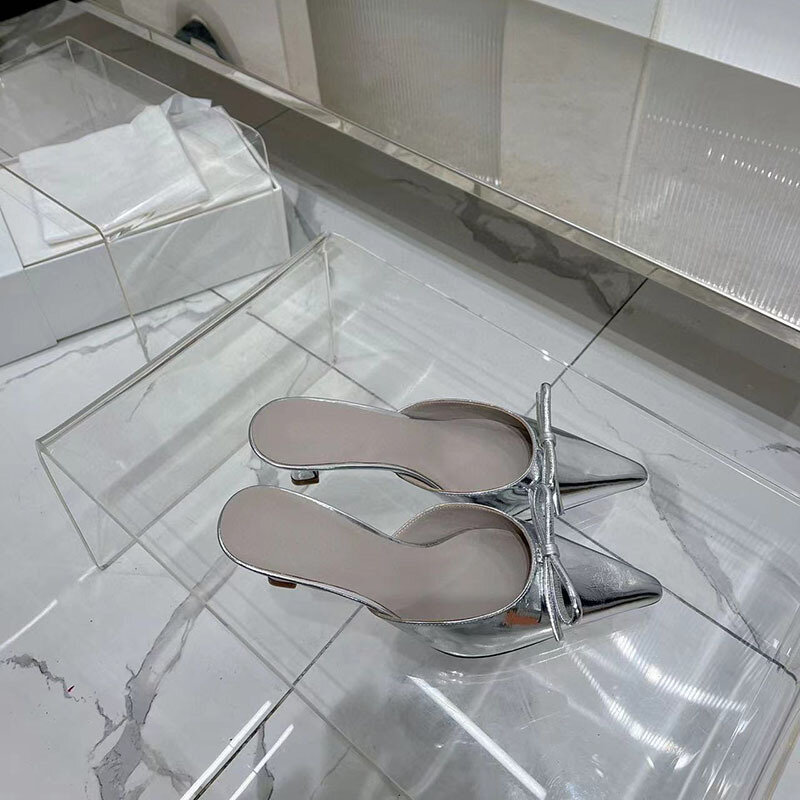 2024 Spring New Fashionable Light Luxury Bow Pointed High Heels for Women Wearing Silver Style Muller Half Slippers