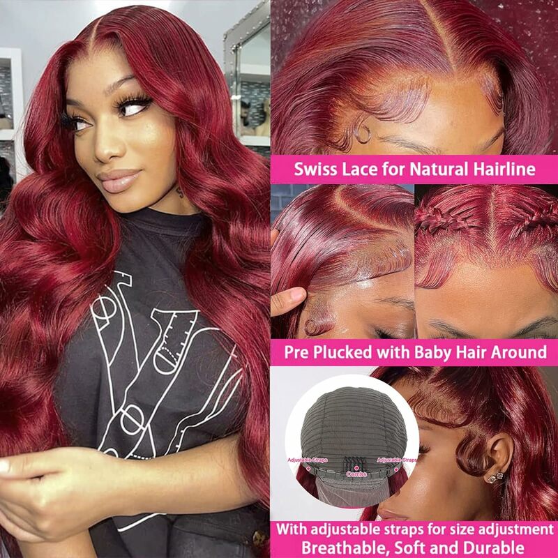 Borgonha Body Wave Lace Front Peruca de cabelo humano para mulheres, vinho vermelho colorido, Frontal Glueless Wigs, 99J, 13x6, 13x4, 30 ", escolha