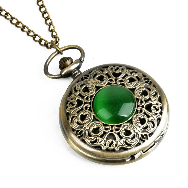 Ретро гравировка креативный зеленый драгоценный камень кошачий глаз узор бронза кварцевые карманные часы Античный ожерелье Кулон Арабский цифровой подарок для женщин