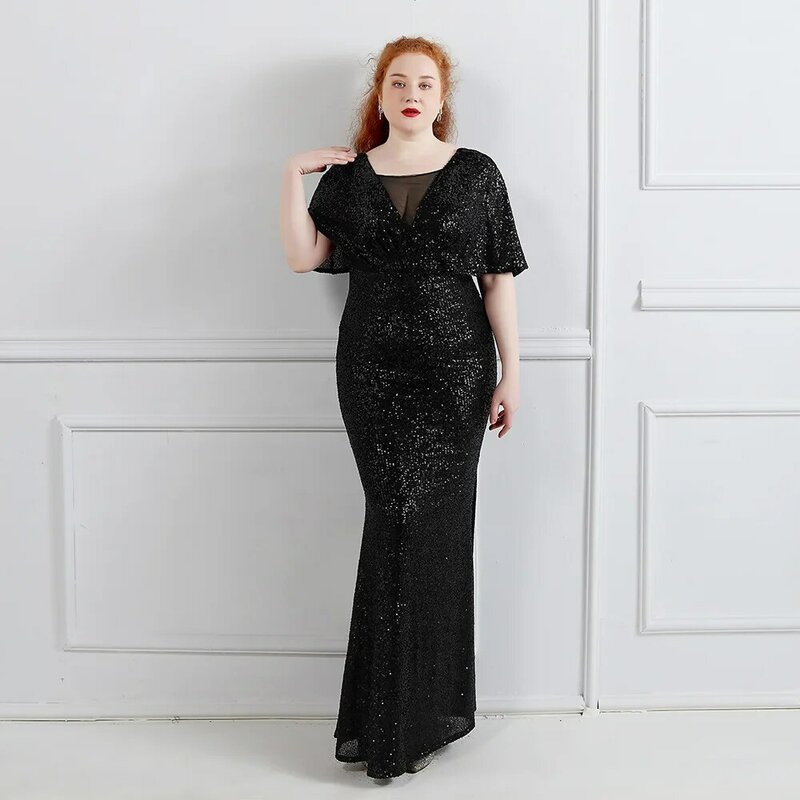 Plus Size Gold Mermaid Evening Dress Sparkling Sequins Sheer Neck Robe De Mariée Short Sleeves Pageant Guest Party Prom Gown