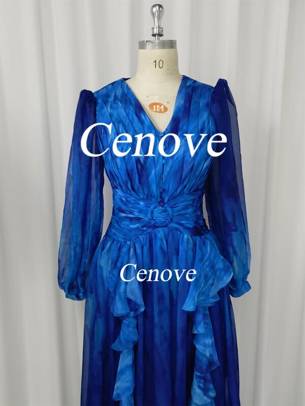 Cenove Blue a-line abito da ballo con scollo a V in pizzo maniche lunghe abito da sera elegante estivo per donna
