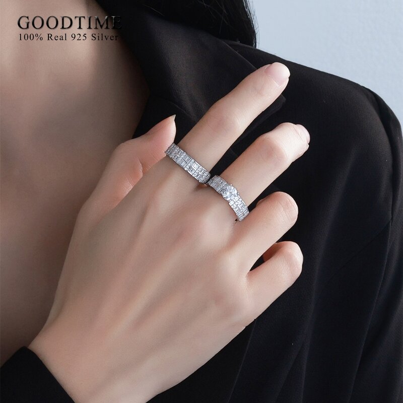 Conjunto de anillos de lujo para mujer, Plata de Ley 100% 925 pura, anillo de compromiso de circón redondo, banda de boda, joyería de aniversario para novia