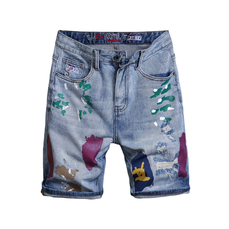 Pantalones cortos de mezclilla con estampado de pintura americana para hombre, rasgados, ajustados, elásticos, informales, tendencia de calle alta