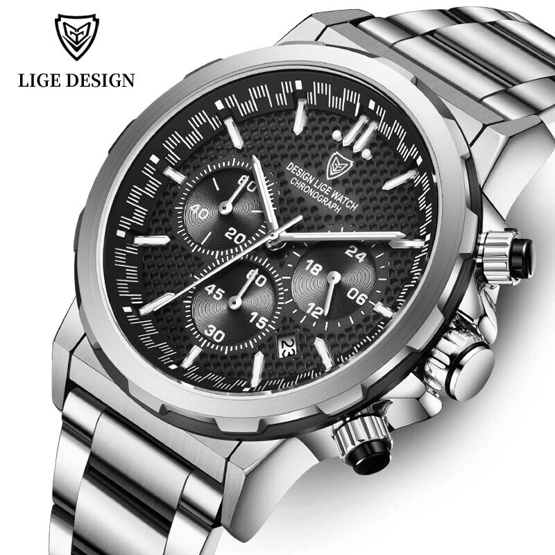 LIGE 쿼츠 남성용 빅 워치, 스포츠 방수 손목 시계, 크로노그래프 날짜, 최고 럭셔리 브랜드