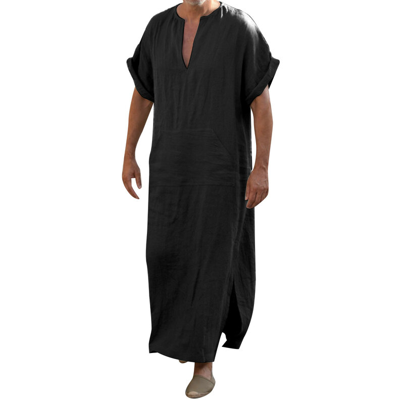 Jubba Thobe Kaftan musulmán árabe islámico con cuello en V de manga corta, batas de lino de algodón sólido, moda musulmana de Arabia, abaya para hombre