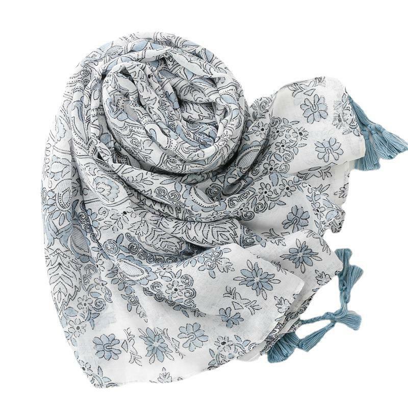 Bufanda de algodón y lino de estilo étnico Retro para mujer, chal de borla de flores pequeñas, azul y gris
