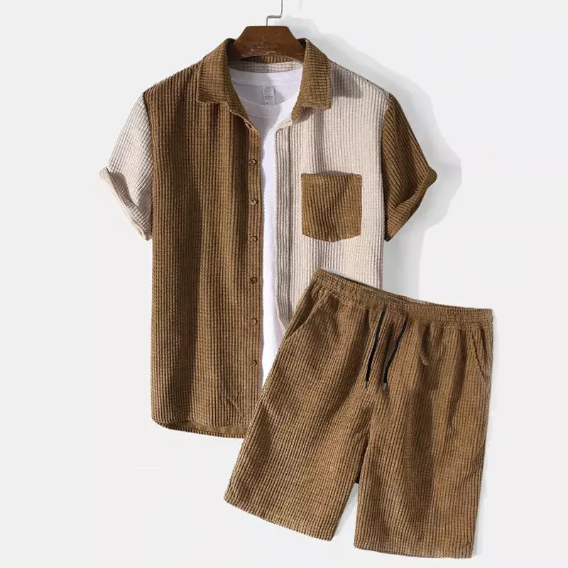 Conjunto casual de camisa e shorts de botão solto masculino, roupa com gola lapela, costura, veludo cotelê, manga curta, 2 peças, verão, 2022