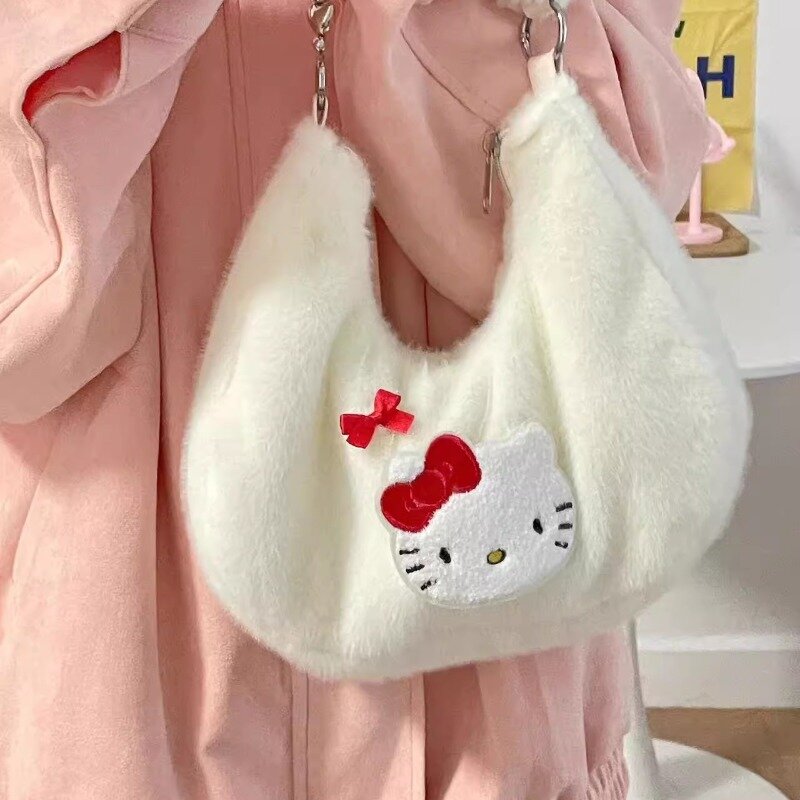 Bolsas de ombro MBTI Hello Kitty para mulheres, bolsa doce fofa, pelúcia branca, bolsas estéticas femininas originais, tendência da moda, Y2K, 2024