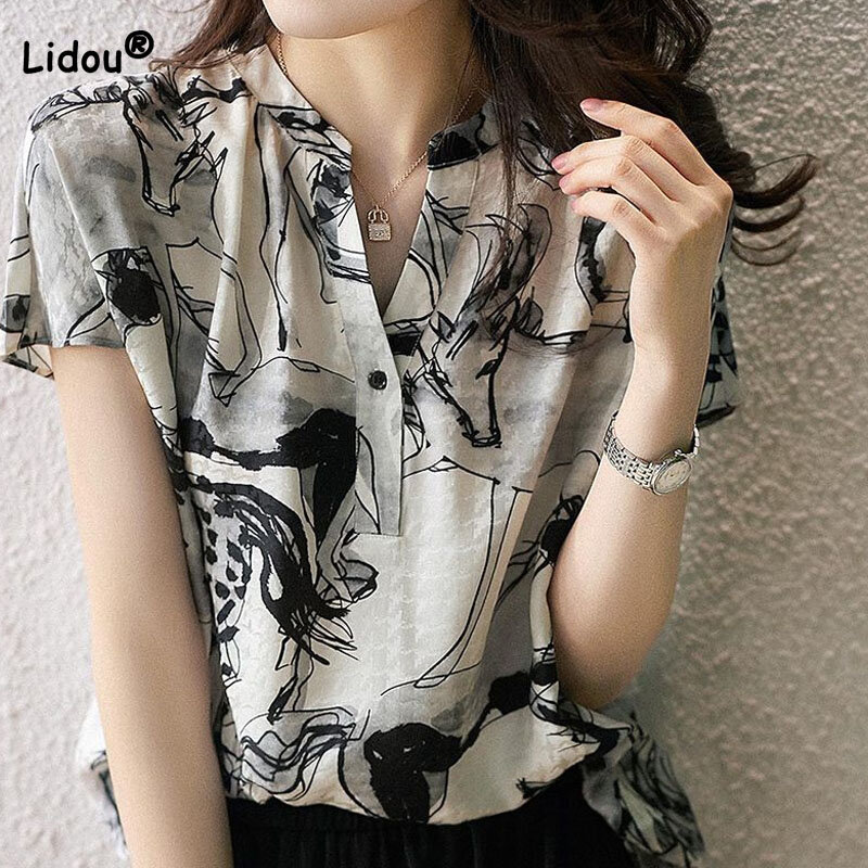 Modna nadruk w stylu Vintage szyfonowa bluzka z dekoltem w szpic odzież damska 2023 letnia koszulka z krótkim rękawkiem na co dzień
