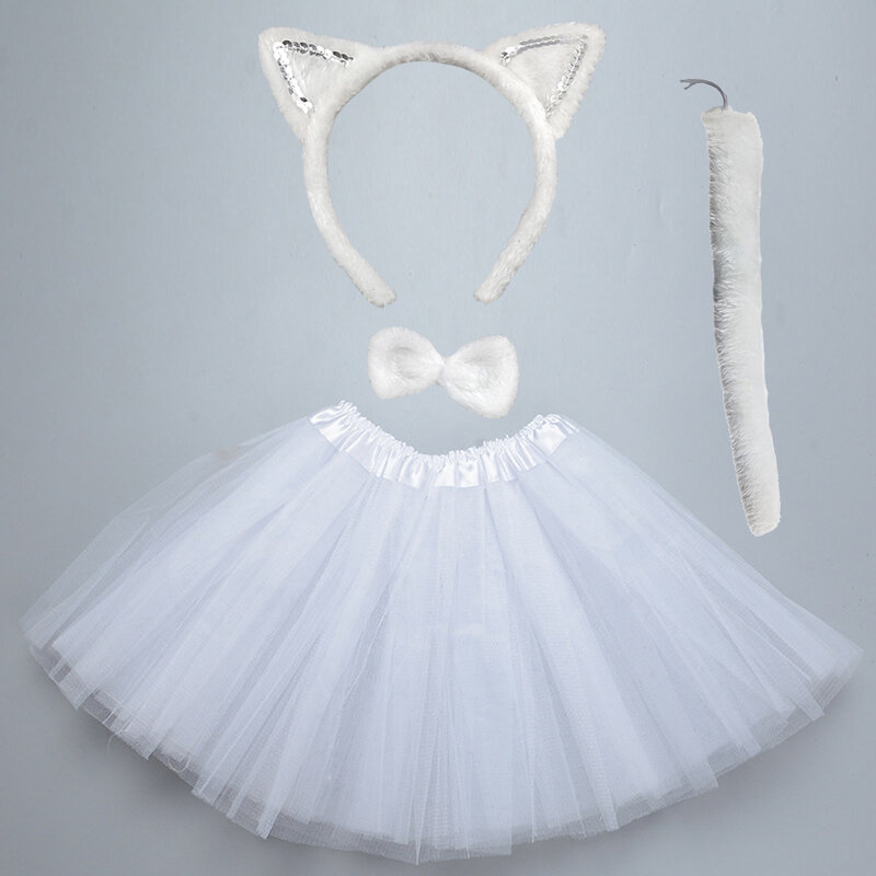 Kids  Party  Black White Cat Ear Headband Hairband Gloves Performance Stage Dance Wear  Set Clothes  Halloween Costume Cosplay