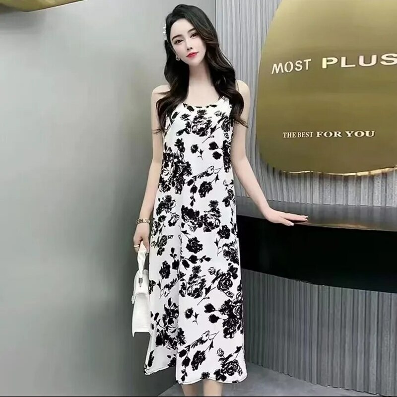 2024 Summer New Slimming and Belly Covering Chiffon Fragmented Flower Suspended Dress Women's Sleeveless Fashion Long Dress