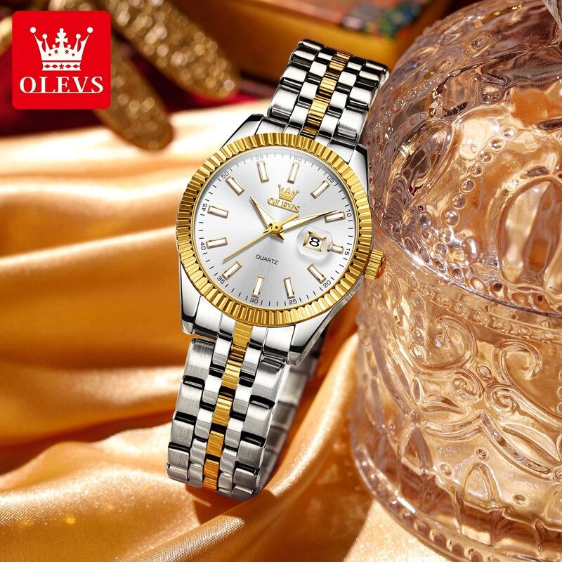Olevs-女性用クォーツ時計、ステンレス鋼、防水、発光カレンダー、高級ドレス腕時計、新しいファッション、ブランド、2024