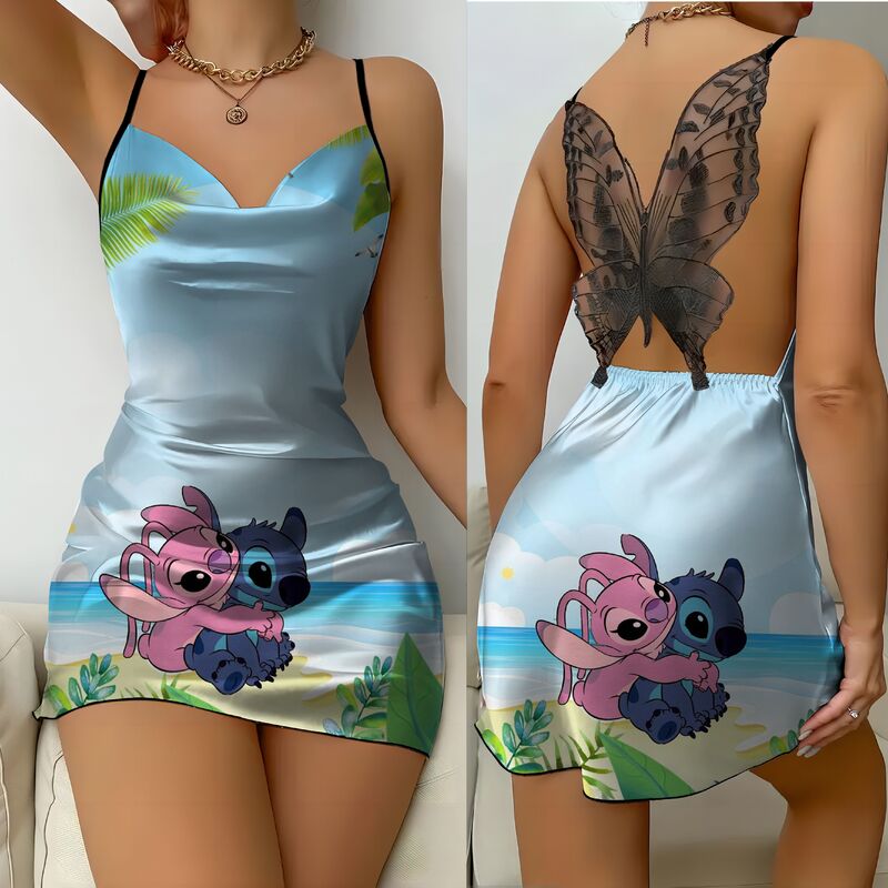 Modne letnie sukienki 2024 Satin Surface Stitch Lace Dress Bow Knot Disney Pajama Skirt Womens Party Mini Sexy Backless Disney