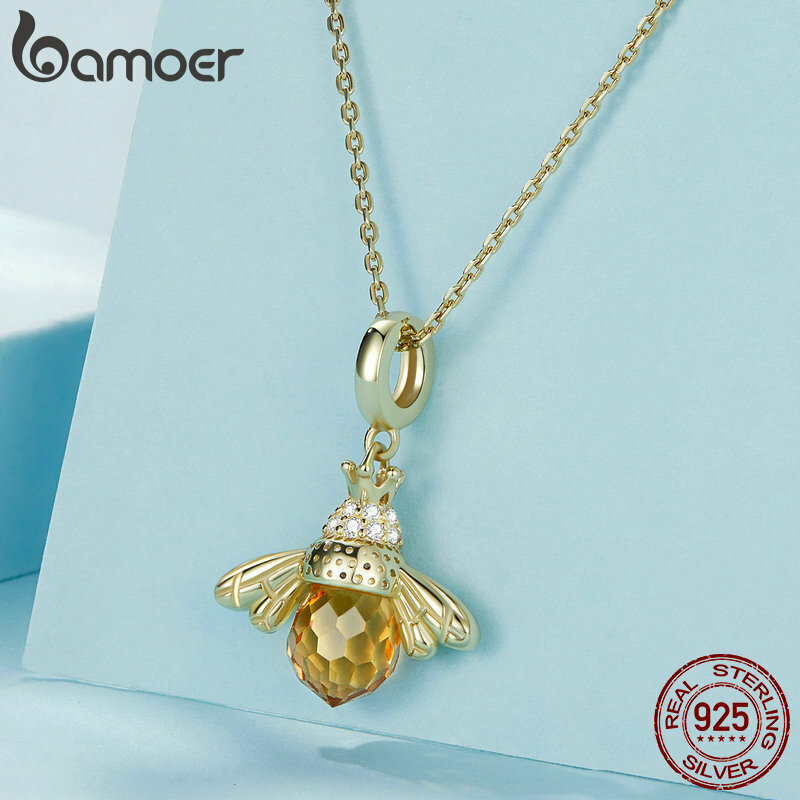 BAMOER 925 Sterling Silver Lovely Orange Bee Insect Pendant Necklace for Women 14K Gold Plated Jewelry Birthday Gift 2 Colors