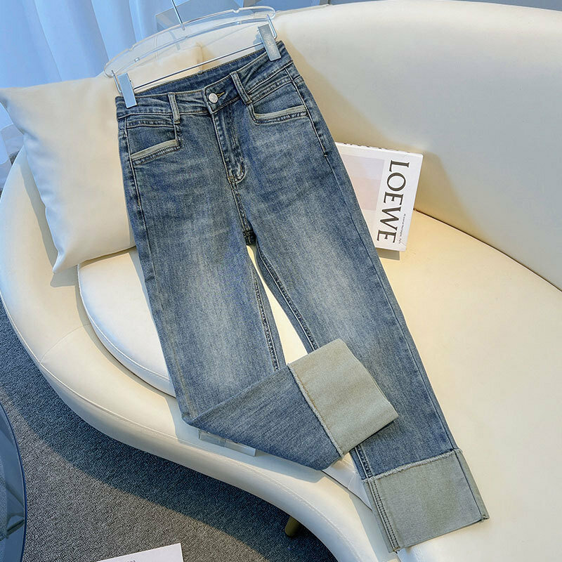 Весна-Осень 2024, женские джинсы с высокой талией, облегающие эластичные прямые брюки из джинсовой ткани с откидной панелью в 9 точках
