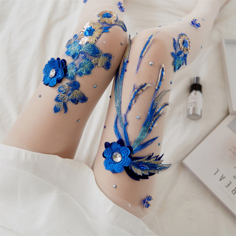 Pantimedias opacas para mujer, medias de seda, vestido de fiesta fino, bordado de flores, estilo Bluelover, patrón transparente