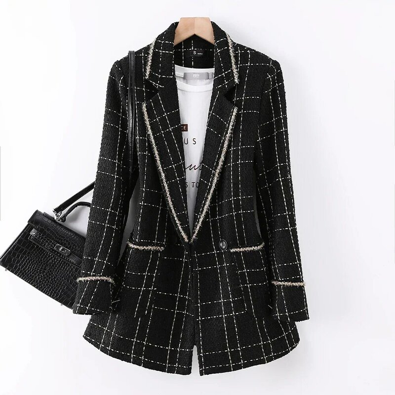 Jaket longgar kasual wanita, Blazer hitam kotak-kotak dengan saku asli, S-3XL Musim Semi dan Gugur untuk perempuan