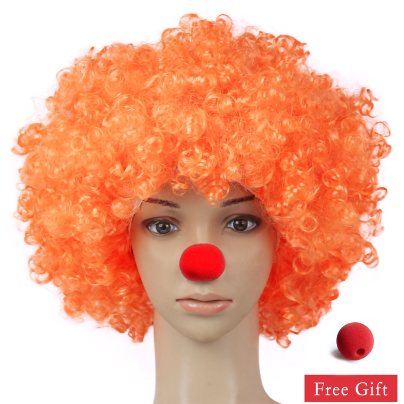 Kolorowa peruka klauna Afro peruka z lokami Cosplay dla mężczyzn Mardi Gras imprezowa peruka czerwona pomarańczowy niebieski różowa peruka, za darmo daje klaunowi czerwony nos