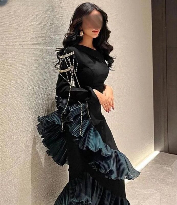 Gaun malam putri duyung elegan gaun Prom Ruched berpayet kerut lipit bahu terbuka satu bahu panjang lantai hitam